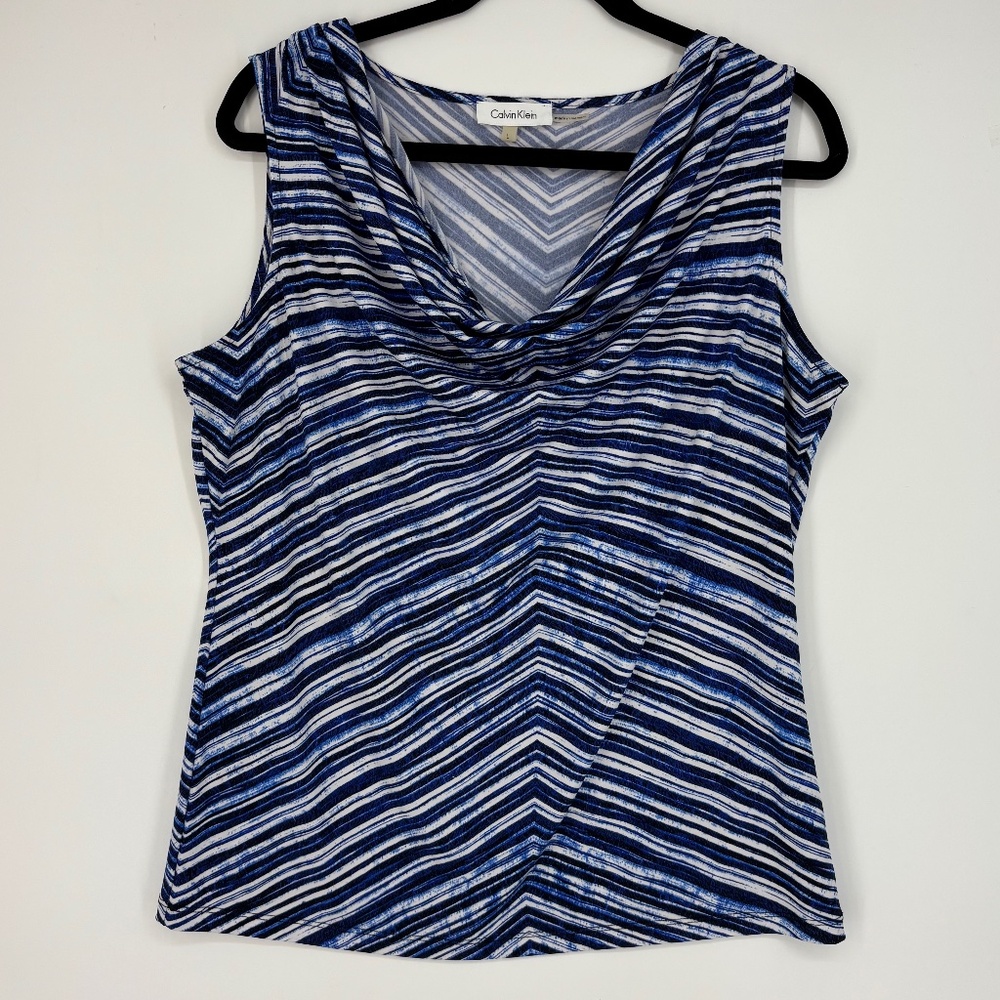 Calvin Klein Womens Large Sleeveless Knit Top Blue White Stripes Draped Neck